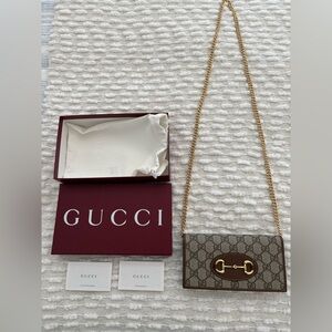 Gucci Brown GG Supreme Chain Shoulder Bag with Gold Horsebit